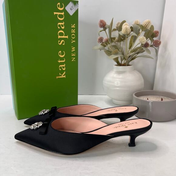 Kate Spade Darlene Satin Crystal/Bow Kitten Heel Mule Black Women 7M Tried On - Picture 2 of 11